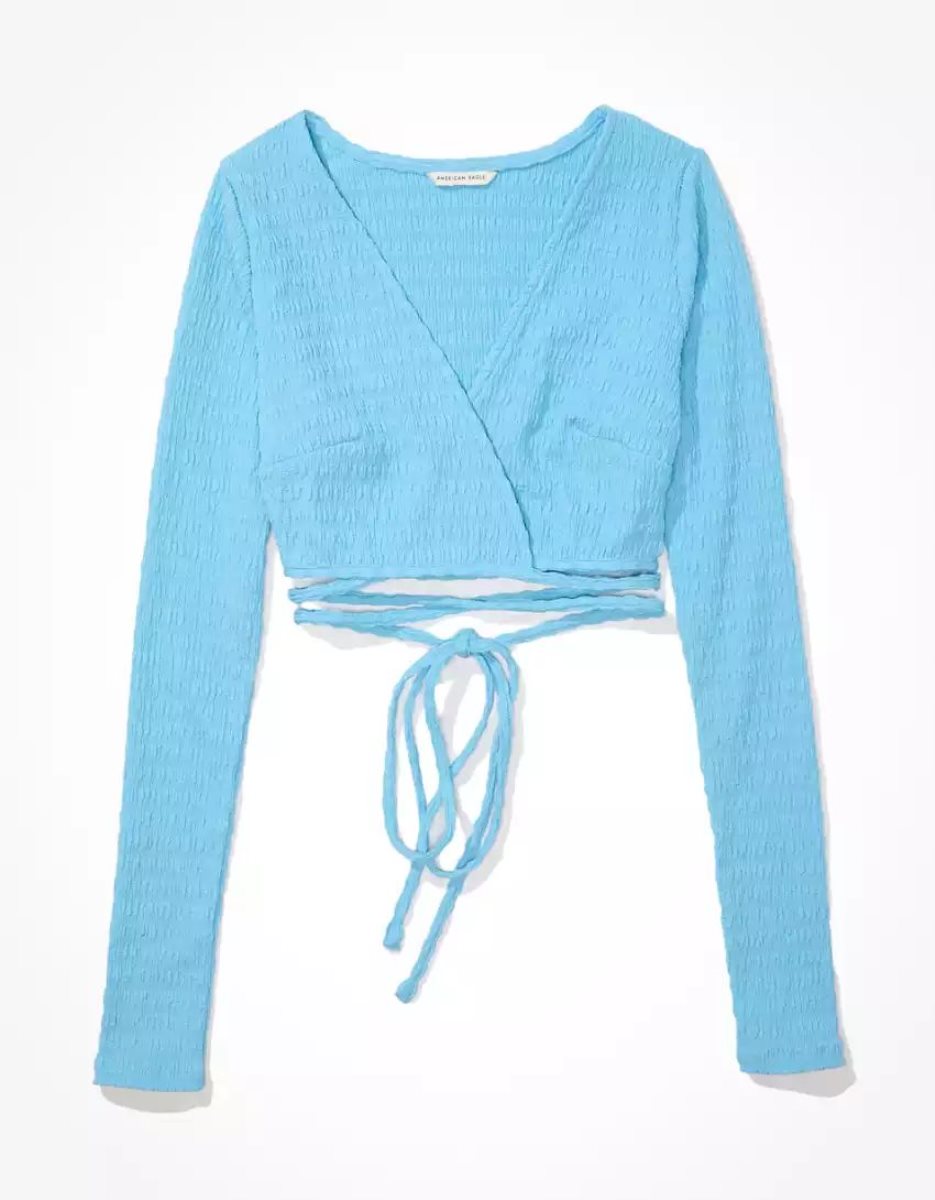 Chemises American Eagle AE Long-Sleeve Smocked Wrap Blouse Bleu Femme | BSD-45357238